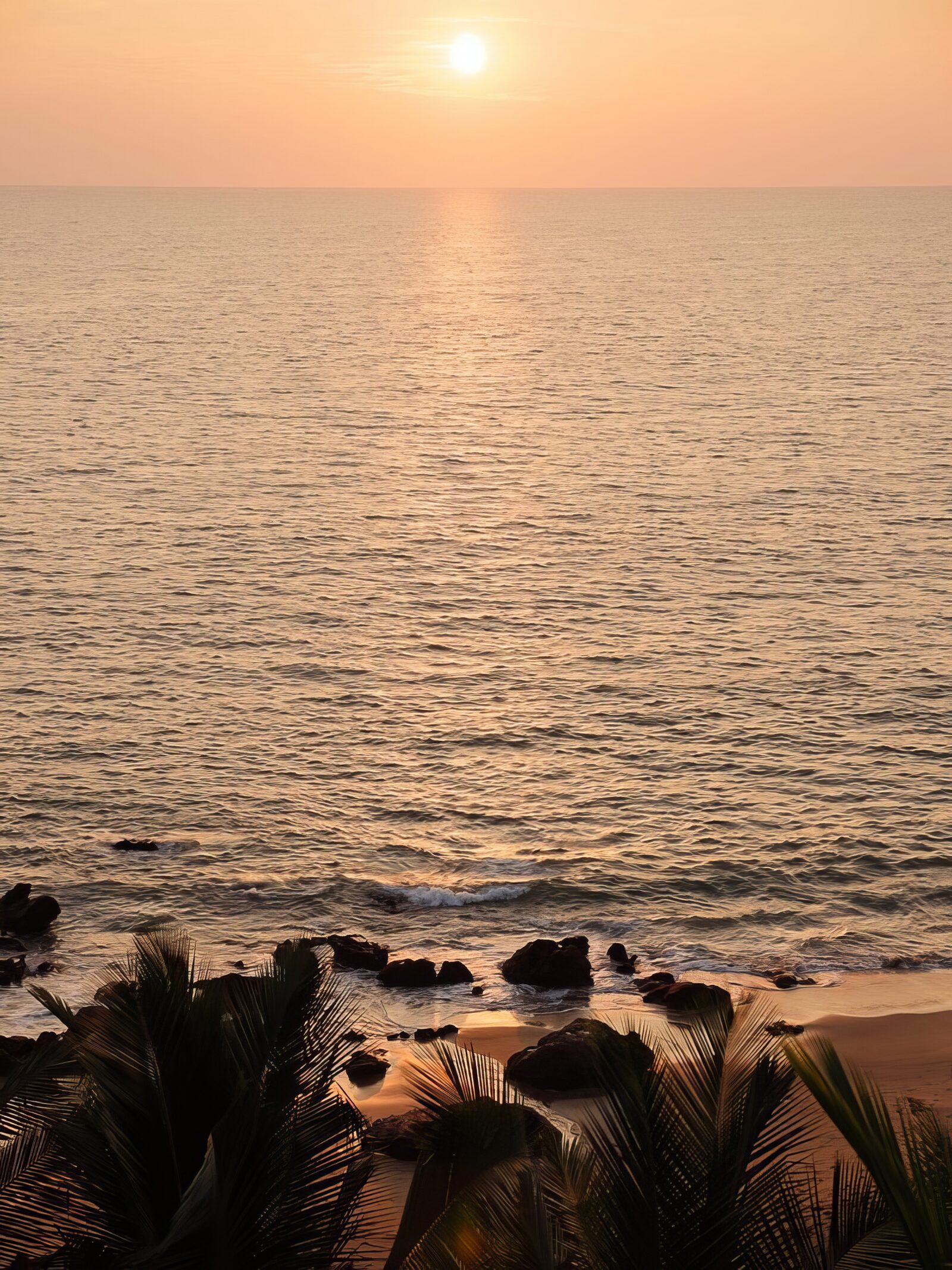 The sun setting over the Arabian Sea, with rocks and palms along the shore below